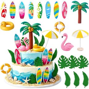 Hawaiian Beach Cake Decorations Set, Tropical Theme with Surfboards, Flamingo, Palm Tree, and Leaves in Saudi Arabia