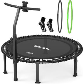 BCAN 560 LBS Soft Land Mini Trampoline، 48 بوصة ترامبولين للياقة البدنية مع بنجي، مقبض إسفنجي قابل للتعديل على شكل حرف T، ثابت، تمرين هادئ للأطفال البالغين في الأماكن المغلقة/الحديقة - أسود - 2025 in Kuwait