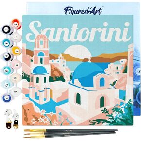 Figured'Art Mini Paint by Numbers Kit for Adults with Frame Travel Poster Santorini Sunrise Small Format 8"x8" - Craft Art Painting DIY Canvas Already Stretched on a Wooden Frame in Saudi Arabia