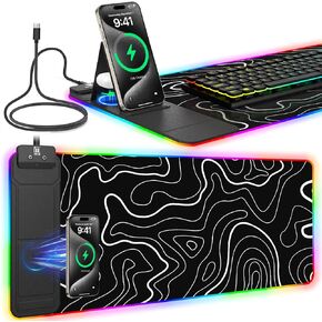 RGB Mouse Pad with Foldable Phone Stand & Wireless Charger, 31.5"x11.8" XL Gaming Mousepad Large Desk Mat, Desk Pad with Dual Charging for Phone & AirPods | 11 Colors & 5 Modes | Waterproof in Kuwait