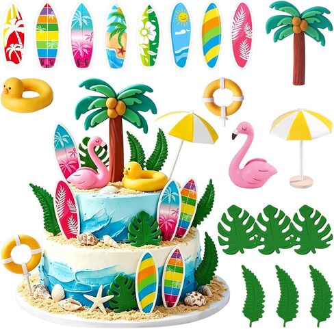 Hawaiian Beach Cake Decorations Set, Tropical Theme with Surfboards, Flamingo, Palm Tree, and Leaves in Saudi Arabia