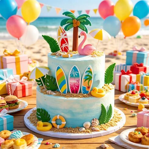 Hawaiian Beach Cake Decorations Set, Tropical Theme with Surfboards, Flamingo, Palm Tree, and Leaves in Saudi Arabia