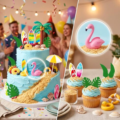 Hawaiian Beach Cake Decorations Set, Tropical Theme with Surfboards, Flamingo, Palm Tree, and Leaves in Saudi Arabia