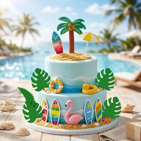 Hawaiian Beach Cake Decorations Set, Tropical Theme with Surfboards, Flamingo, Palm Tree, and Leaves in Saudi Arabia