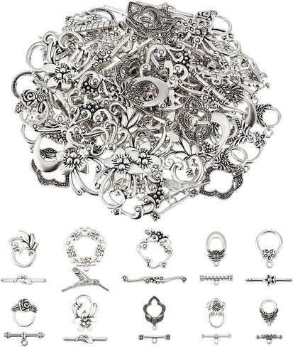 PH PandaHall 60 Sets Flower Toggle Clasps 10 Styles T-bar Closure Clasps Toggle Jewelry Clasp Flower Leaf Bird Metal Bar and Ring Clasp Connectors for Necklace Bracelet Jewelry Making, Antique Silver in Kuwait
