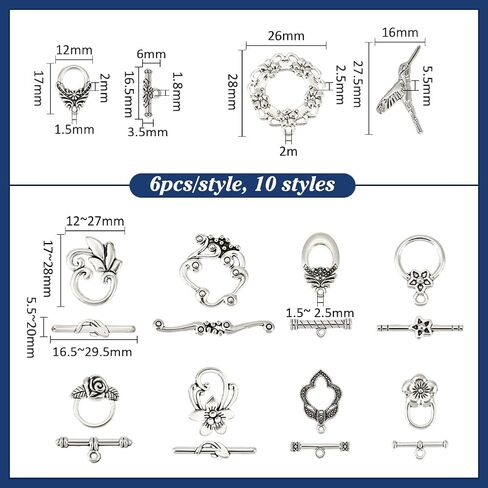 PH PandaHall 60 Sets Flower Toggle Clasps 10 Styles T-bar Closure Clasps Toggle Jewelry Clasp Flower Leaf Bird Metal Bar and Ring Clasp Connectors for Necklace Bracelet Jewelry Making, Antique Silver in Kuwait