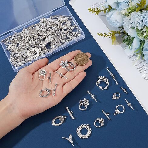 PH PandaHall 60 Sets Flower Toggle Clasps 10 Styles T-bar Closure Clasps Toggle Jewelry Clasp Flower Leaf Bird Metal Bar and Ring Clasp Connectors for Necklace Bracelet Jewelry Making, Antique Silver in Kuwait