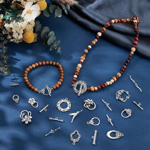 PH PandaHall 60 Sets Flower Toggle Clasps 10 Styles T-bar Closure Clasps Toggle Jewelry Clasp Flower Leaf Bird Metal Bar and Ring Clasp Connectors for Necklace Bracelet Jewelry Making, Antique Silver in Kuwait