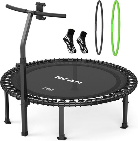 BCAN 560 LBS Soft Land Mini Trampoline, 48" Fitness Trampoline with Bungees, T Shape Adjustable Foam Handle, Stable, Quiet Exercise Rebounder for Kids Adults Indoor/Garden Workout-Black - 2025 in Saudi Arabia