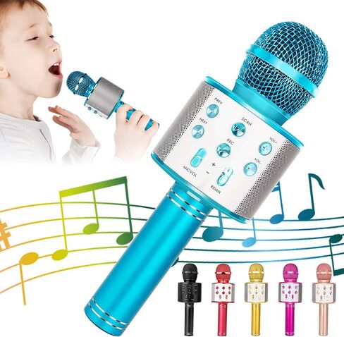 KIDWILL Wireless Bluetooth Karaoke Microphone for Kids, 5-in-1 Portable Handheld Karaoke Mic Speaker Player Recorder with Adjustable Remix FM Radio for Kids Girls Boys Teens Birthday (Blue) in Saudi Arabia