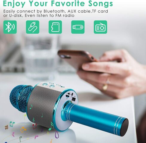 KIDWILL Wireless Bluetooth Karaoke Microphone for Kids, 5-in-1 Portable Handheld Karaoke Mic Speaker Player Recorder with Adjustable Remix FM Radio for Kids Girls Boys Teens Birthday (Blue) in Saudi Arabia