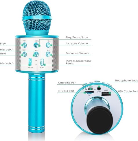 KIDWILL Wireless Bluetooth Karaoke Microphone for Kids, 5-in-1 Portable Handheld Karaoke Mic Speaker Player Recorder with Adjustable Remix FM Radio for Kids Girls Boys Teens Birthday (Blue) in Saudi Arabia