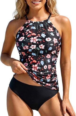 Tempt Me Women Red Floral Two Piece High Neck Tankini Swimsuit Tummy Control Top with Black Bottom Bathing Suits XS in Saudi Arabia