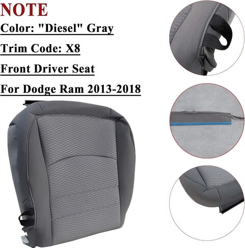 NLQR Front Passenger Side Bottom Replacement Cloth Seat Cover Gray Compatible with Dodge Ram 1500 2500 3500 4500 5500 2013 2014 2015 2016 2017 2018 in Kuwait