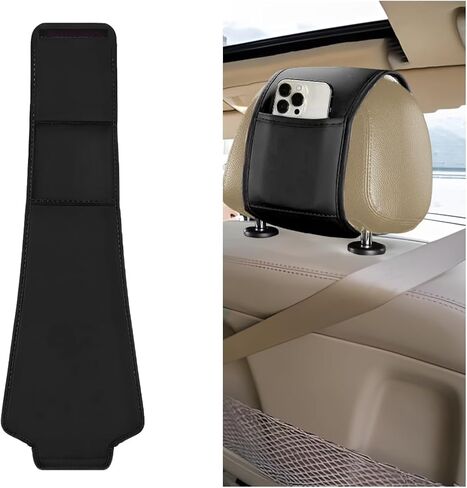 2PCS Car Headrest Covers, Leather Dirt-Proof Vehicle Head Rest Protector with Storage Pocket, Multifunctional Auto Interior Seat Head Protective Dust Cover, Universal Fit (Black) in Kuwait