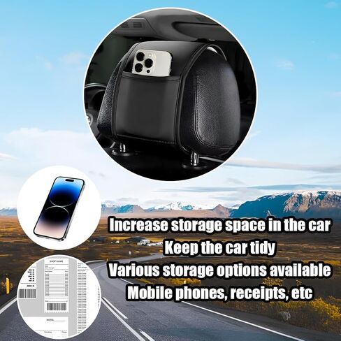 2PCS Car Headrest Covers, Leather Dirt-Proof Vehicle Head Rest Protector with Storage Pocket, Multifunctional Auto Interior Seat Head Protective Dust Cover, Universal Fit (Black) in Kuwait