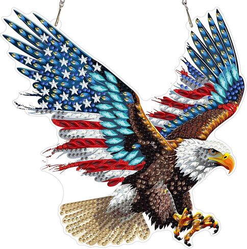 MXJSUA American Flag Bald Eagle Diamond Painting Art Window Suncatchers, Diamond Art Kits for Adults Hanging Ornaments with Chain, 5D Special Shape Crystal Diamond Pendant Accessories for Decor Gift in Kuwait