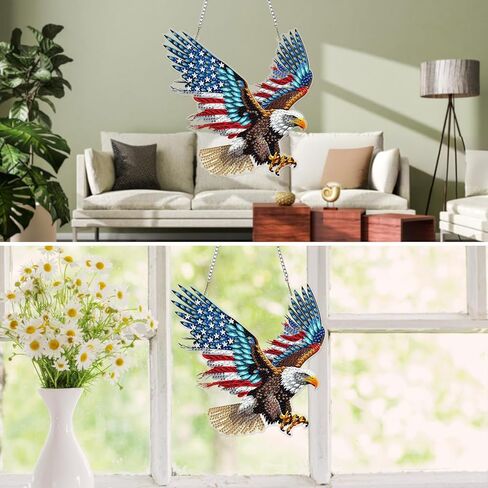 MXJSUA American Flag Bald Eagle Diamond Painting Art Window Suncatchers, Diamond Art Kits for Adults Hanging Ornaments with Chain, 5D Special Shape Crystal Diamond Pendant Accessories for Decor Gift in Kuwait