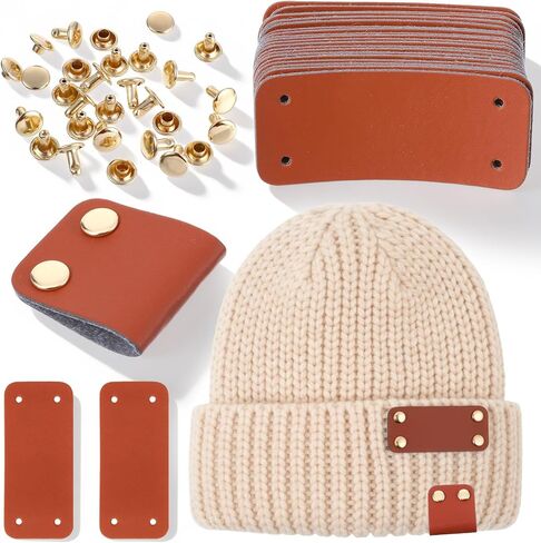 20 Pcs Blank Leather Tags for Crochet Items, PU Brown Leather Tags for Handmade Items Knit Patch with Rivet Button, Rectangle Label Repair Patch Soft Crochet Tape with Holes for DIY Clothing, Sewing in Kuwait
