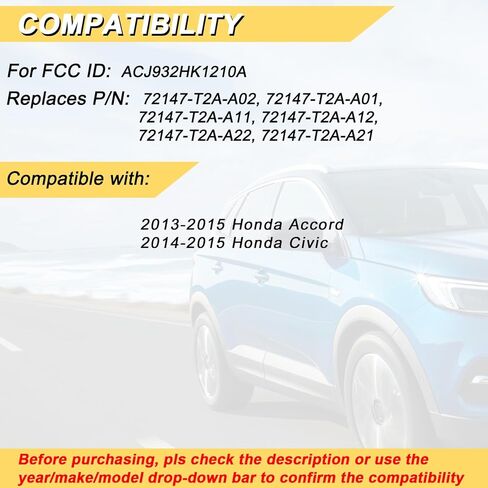 Vurkcy Key Fob Replacement for 2013 2014 2015 Honda Accord/ 14-15 Civic Car Keyless Entry Remote Control, ACJ932HK1210A, 4 Buttons in Kuwait