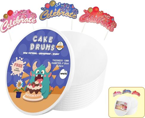 8 Inch Cake Drums,Cake Board 8 Inch Round White(12-Pack) 1/2 Inch Thick Cake Boards with Banner Cake Topper-Sturdy,Greaseproof for Birthday Wedding Multi-Tiered Party Cake Boards in Saudi Arabia
