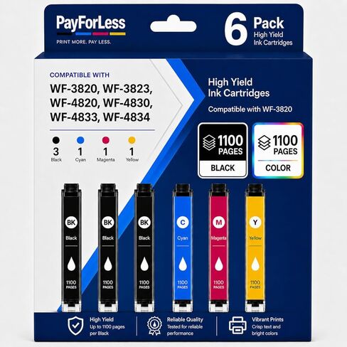مُعاد تصنيعها لاستبدال خراطيش الحبر Epson 822XL لطابعة 822 XL T822 لـ Workforce Pro WF-3820 WF-3823 WF-4820 WF-4830 WF-4833 WF-4834، 6 عبوات 3 أسود 1 سماوي 1 أرجواني 1 أصفر in Kuwait