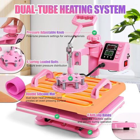 Whubefy 8 in 1 Heat Press Machine for T Shirts 12x15 Inch with Dual-Tube Fast & Evenly Heating System for Mug Plate Hat Cap 360° Swing Away Multifunctional Digital Heat Transfer Sublimation Combo Pink in Saudi Arabia