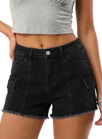 Sidefeel Women's Jean Shorts High Waisted Stretchy Trendy Raw Hem Front Seam Denim Shorts with Pockets in Saudi Arabia