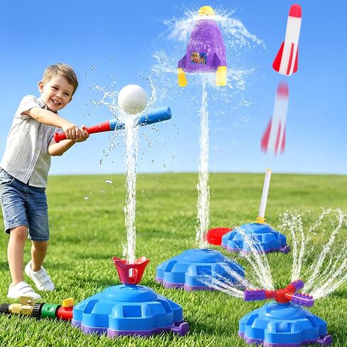 4-in-1 Sprinkler Toys for Kids Ages 4-8, Water Baseball, Rotating Water Spray, and Rocket Launcher for Toddlers, Backyard, Garden, Lawn, and Pool Outdoor Play in Summer for Boys and Girls Ages 3-5. in Saudi Arabia