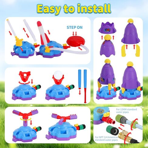 4-in-1 Sprinkler Toys for Kids Ages 4-8, Water Baseball, Rotating Water Spray, and Rocket Launcher for Toddlers, Backyard, Garden, Lawn, and Pool Outdoor Play in Summer for Boys and Girls Ages 3-5. in Saudi Arabia