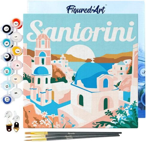 Figured'Art Mini Paint by Numbers Kit for Adults with Frame Travel Poster Santorini Sunrise Small Format 8"x8" - Craft Art Painting DIY Canvas Already Stretched on a Wooden Frame in Saudi Arabia