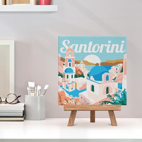 Figured'Art Mini Paint by Numbers Kit for Adults with Frame Travel Poster Santorini Sunrise Small Format 8"x8" - Craft Art Painting DIY Canvas Already Stretched on a Wooden Frame in Saudi Arabia