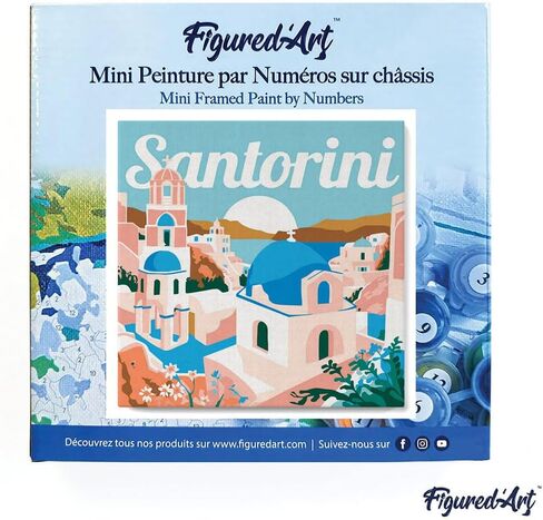 Figured'Art Mini Paint by Numbers Kit for Adults with Frame Travel Poster Santorini Sunrise Small Format 8"x8" - Craft Art Painting DIY Canvas Already Stretched on a Wooden Frame in Saudi Arabia