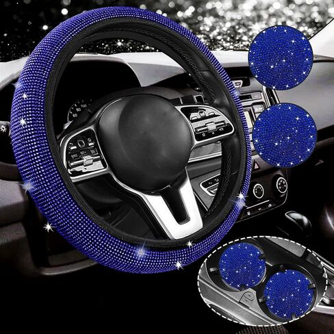 Hot Pink Steering Wheel Cover for Women Men Bling Bling Crystal Diamond Sparkling Universal Fit 14-15 Inch with 2PCS Anti Slip Crystal Rhinestone Car Coaster in Kuwait