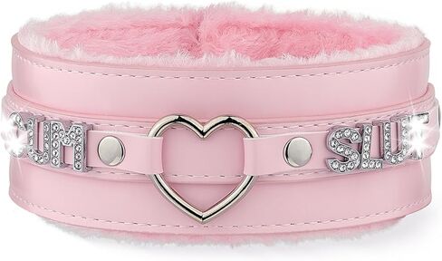 Pink Furry Heart O-ring Leather Choker Collar For Women, Handmade Punk Gothic Letter Necklace Adjustable Fashion Jewerly in Saudi Arabia
