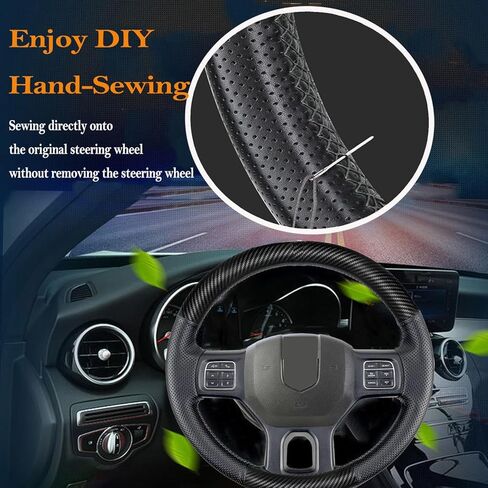 Hand Stitch Steering Wheel Cover Customized Fit for Dodge Ram Heavy Duty 1500/2500/3500/4500/5500 2013-2019 -Anti-Slip Breathable Carbon Fiber and Side Perforated Leather Black in Saudi Arabia