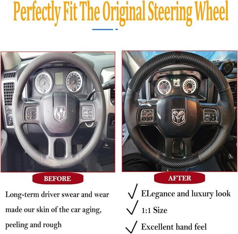 Hand Stitch Steering Wheel Cover Customized Fit for Dodge Ram Heavy Duty 1500/2500/3500/4500/5500 2013-2019 -Anti-Slip Breathable Carbon Fiber and Side Perforated Leather Black in Saudi Arabia