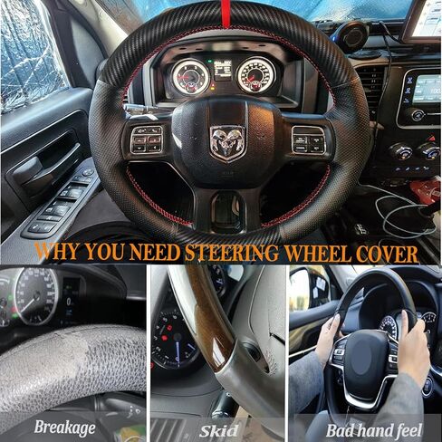 Hand Stitch Steering Wheel Cover Customized Fit for Dodge Ram Heavy Duty 1500/2500/3500/4500/5500 2013-2019 -Anti-Slip Breathable Carbon Fiber and Side Perforated Leather Black in Saudi Arabia