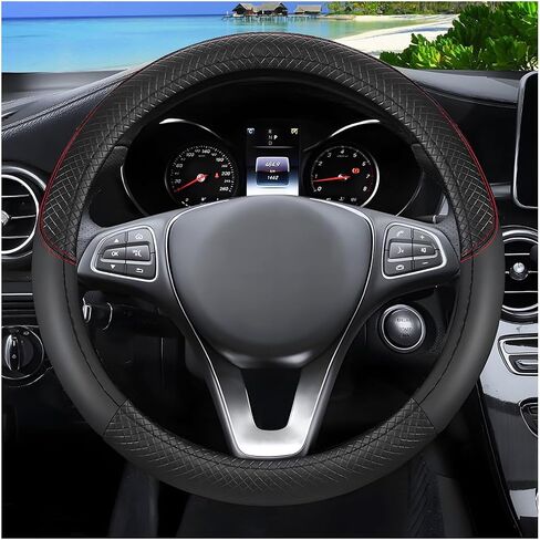 Car Steering Wheel Cover, 14.5-15" Leather Breathable Sporty Vehicle Steering Wheel Protector with Anti-Slip Lining, Auto Interior Decoration Accessories, Universal Fit (Black/Pueple) in Kuwait