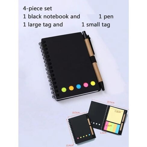 4-Piece Pocket Notebook Set - Spiral Kraft Paper Journals with Pen Loop, Sticky Notes & Lined Pages(Black) in Kuwait