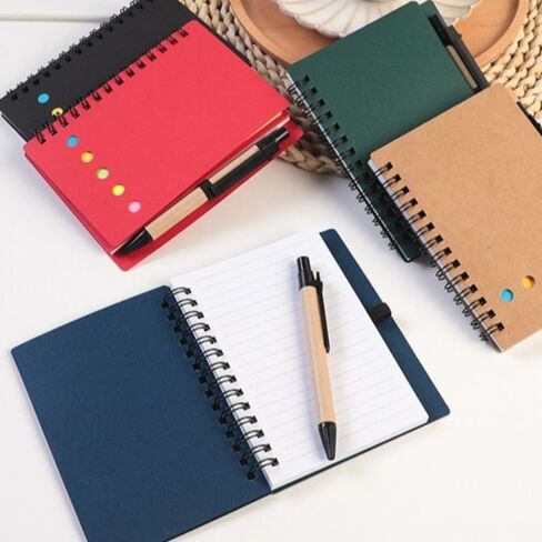 4-Piece Pocket Notebook Set - Spiral Kraft Paper Journals with Pen Loop, Sticky Notes & Lined Pages(Black) in Kuwait