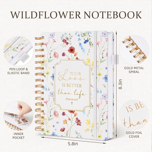 Hunanyume Christian Spiral Notebook for Women, Wildflower Prayer Journal for Women, 160 Pages Lined Bible Journaling Notebook, PSALM 63:3 Floral Spiral Notebook, Bible Study Supplies 5.8" x 8.3" in Saudi Arabia
