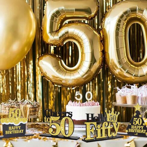 4Pcs Glitter Gold 50th Birthday Decorations for Men and Women, Fifty Years Old Glitter Centerpieces for Table,Birthday Table Decoration Party Supplies（Black Gold） in Saudi Arabia