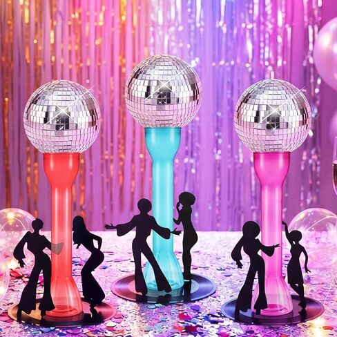 3 Sets 70s Disco Ball Table Centerpieces Disco Party Decor with Vinyl Record Base Felt Dancer Silhouettes, Retro Music Dancing Party Supplies for Hippie Birthday Bachelorette 1970s Events in Saudi Arabia