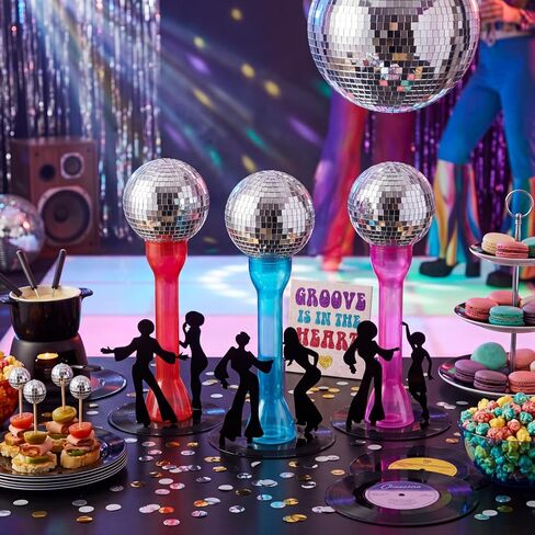 3 Sets 70s Disco Ball Table Centerpieces Disco Party Decor with Vinyl Record Base Felt Dancer Silhouettes, Retro Music Dancing Party Supplies for Hippie Birthday Bachelorette 1970s Events in Saudi Arabia