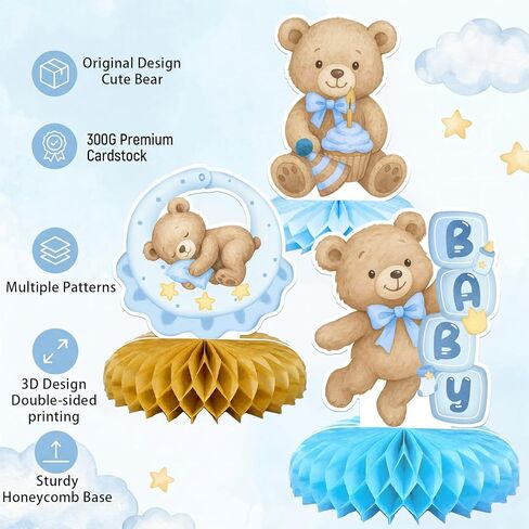12 Pcs Bear Baby Shower Decorations - Honeycomb Table Centerpieces for Gender Reveal Party, Double-Sided Teddy Bear Table Toppers for We Can Bearly Wait Birthday Decor in Saudi Arabia