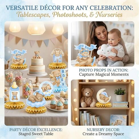 12 Pcs Bear Baby Shower Decorations - Honeycomb Table Centerpieces for Gender Reveal Party, Double-Sided Teddy Bear Table Toppers for We Can Bearly Wait Birthday Decor in Saudi Arabia