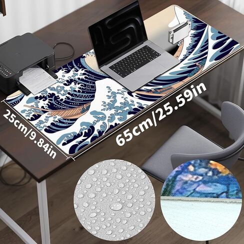 وسادة مكتب من الجلد Waves، لوحة ماوس فنية ملونة كبيرة للوحة مفاتيح الكمبيوتر ولوحة ماوس للألعاب وواقي سطح المكتب مقاوم للماء وغطاء، ديكور من جلد البولي يوريثان للكمبيوتر المحمول مقاس 10 × 25.6 بوصة C133 in Kuwait
