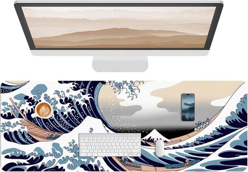 وسادة مكتب من الجلد Waves، لوحة ماوس فنية ملونة كبيرة للوحة مفاتيح الكمبيوتر ولوحة ماوس للألعاب وواقي سطح المكتب مقاوم للماء وغطاء، ديكور من جلد البولي يوريثان للكمبيوتر المحمول مقاس 10 × 25.6 بوصة C133 in Kuwait
