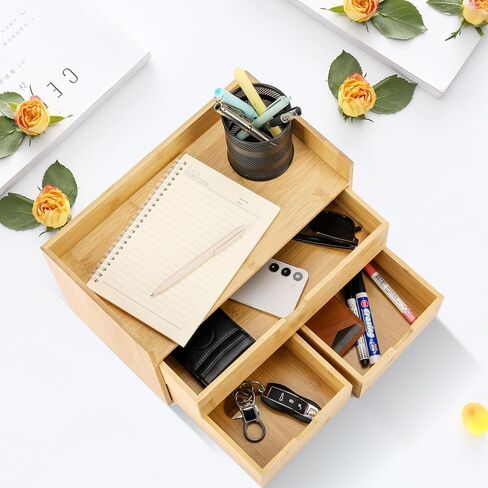 Charmewooden Bamboo Desk Organizer With Drawers Countertop Drawers Counter Storage Box Corner Desk Organizer for Home Office No Assembly Required (3 Drawers with shelf) in Saudi Arabia